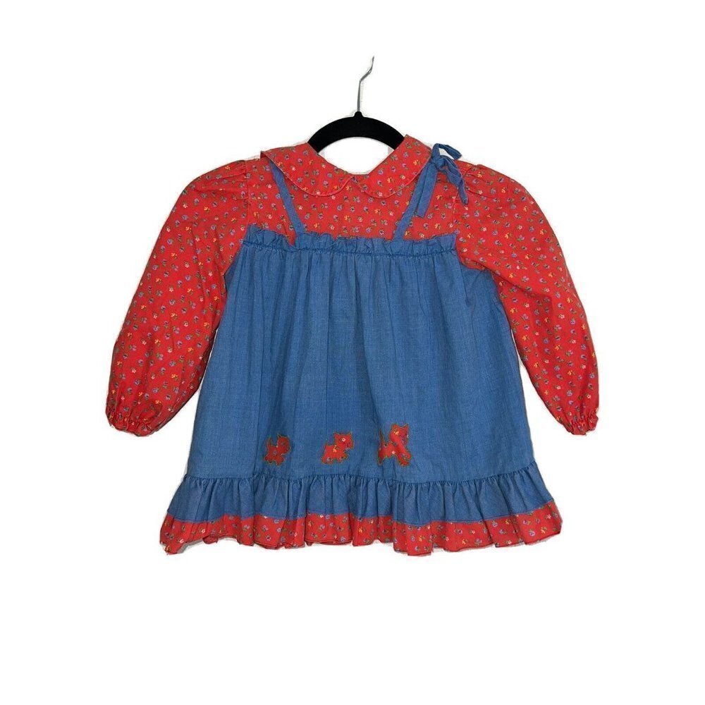 Jc Penney Vintage Toddle Time Dress 4T Red Floral Blue with Kittens A1